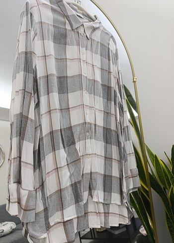 Gri Kareli Bol Kesim Keten Gömlek - Görsel 2