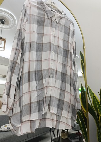 Gri Kareli Bol Kesim Keten Gömlek - Görsel 4