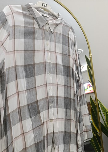 Gri Kareli Bol Kesim Keten Gömlek - Görsel 3