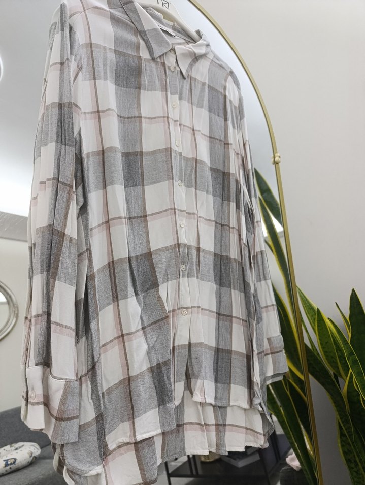 Gri Kareli Bol Kesim Keten Gömlek - Görsel 2