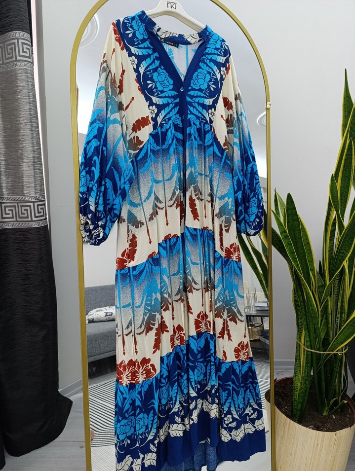 Mavi V Yakalı Salaş Uzun Bohem Elbise - Görsel 3