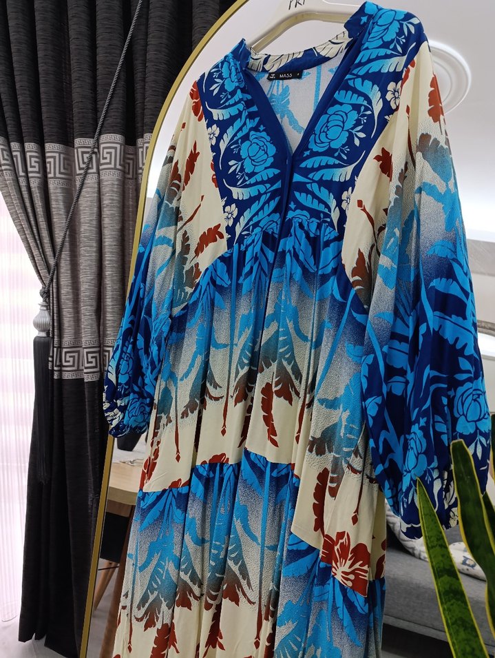 Mavi V Yakalı Salaş Uzun Bohem Elbise - Görsel 2