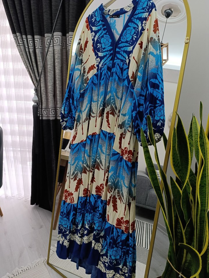 Mavi V Yakalı Salaş Uzun Bohem Elbise - Görsel 4