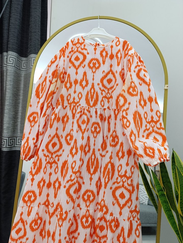 Uzun Turuncu Bohem Pileli Elbise - Görsel 5