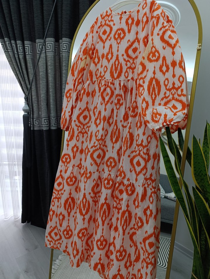 Uzun Turuncu Bohem Pileli Elbise - Görsel 4