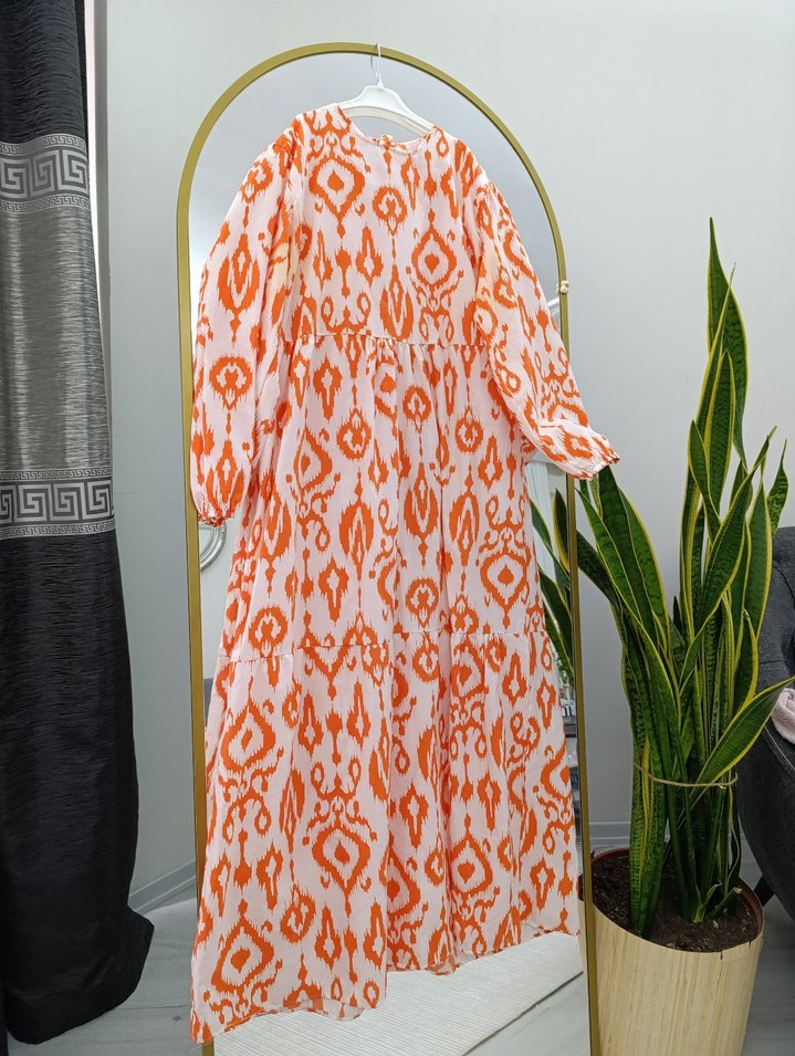 Uzun Turuncu Bohem Pileli Elbise - Görsel 3