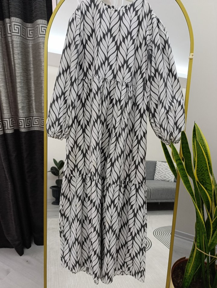 Bohem Uzun Gri Desenli Kadın Elbise - Görsel 4