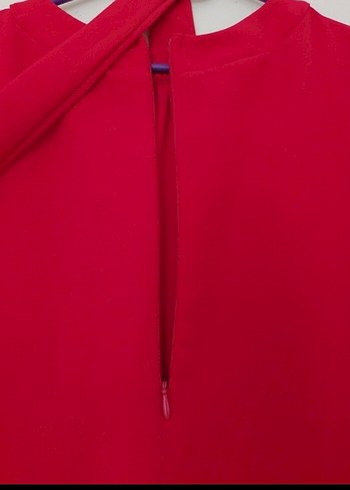 Uzun Kollu Kırmızı Saten Salaş Elbise - Görsel 5