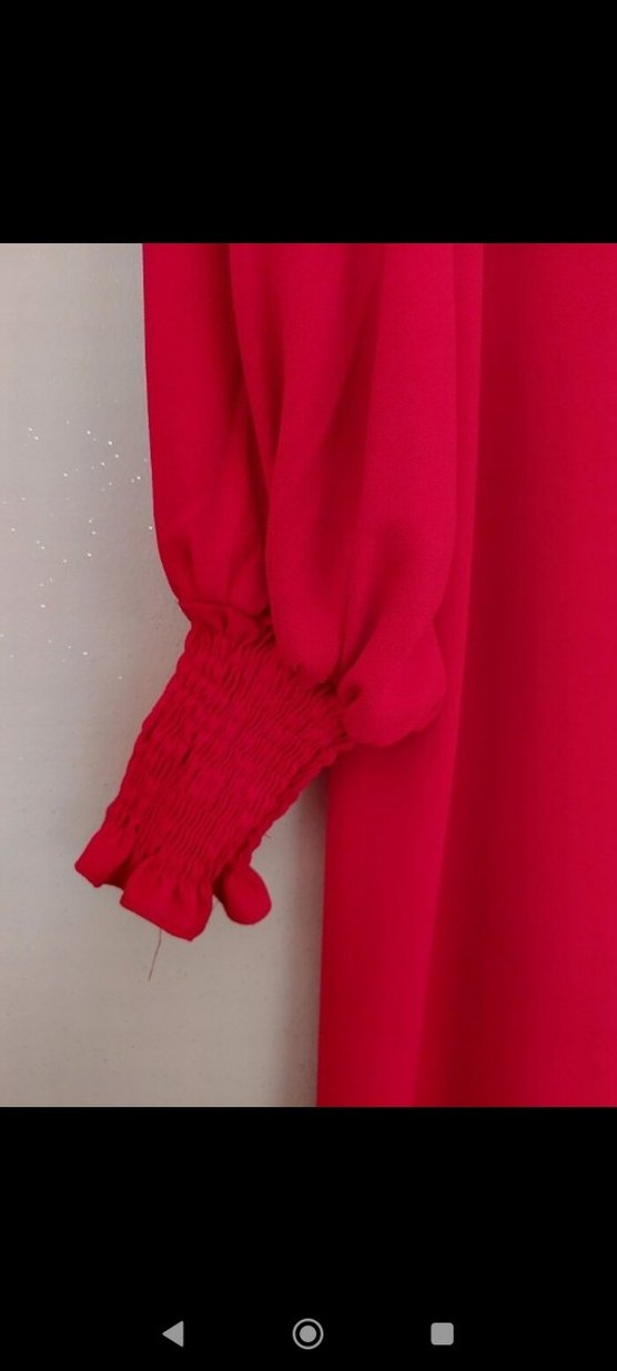 Uzun Kollu Kırmızı Saten Salaş Elbise - Görsel 2