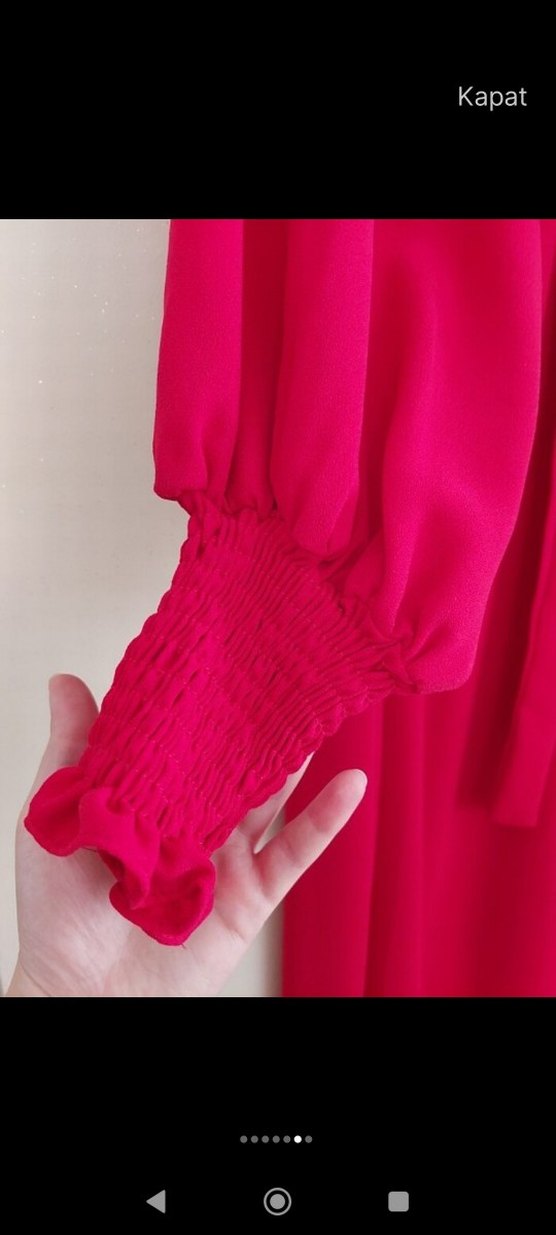 Uzun Kollu Kırmızı Saten Salaş Elbise - Görsel 3