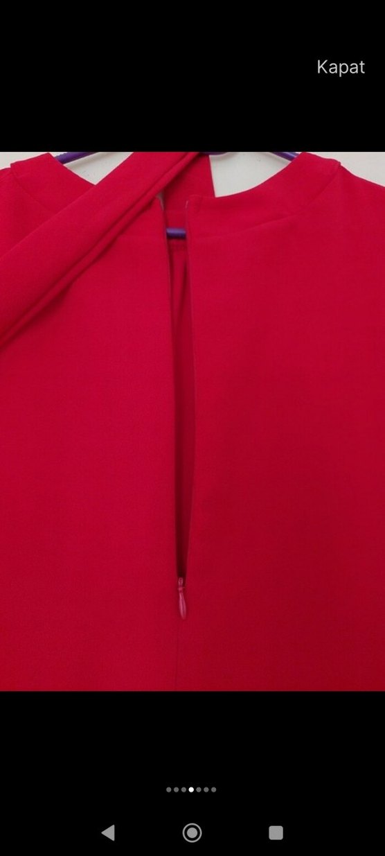 Uzun Kollu Kırmızı Saten Salaş Elbise - Görsel 5