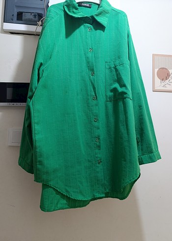 Yeşil Düğmeli Uzun Kollu Keten Gömlek - Görsel 4