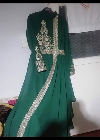 Yeşil Nakışlı Uzun Kollu Kadın Abiye - Görsel 3