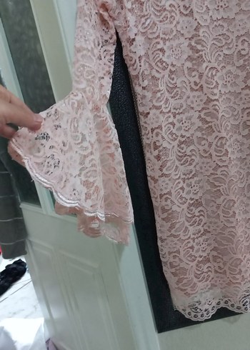 l Beden Dantel Detaylı Pembe Uzun Kollu Elbise