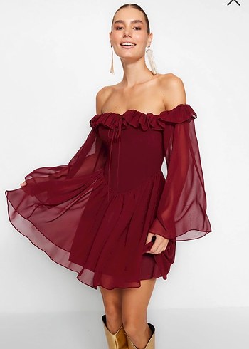 Bordo Volanlı Mini Bohem Elbise