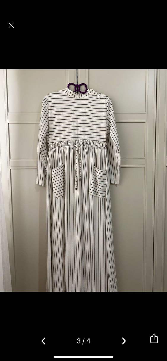 Uzun Kollu Beyaz Çizgili Salaş Elbise - Görsel 2