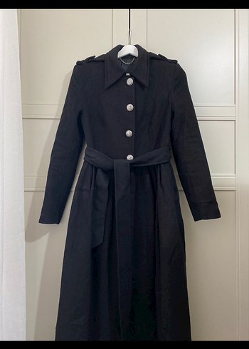 Siyah Süet Uzun Kemerli Kadın Kaban - Görsel 2