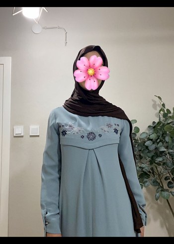 Nakışlı Mavi Uzun Salaş Kadın Elbise - Görsel 3