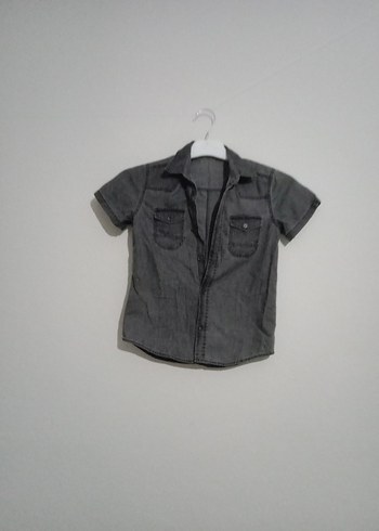7 Yaş Beden Erkek Çocuk Gri Kısa Kollu Denim Gömlek