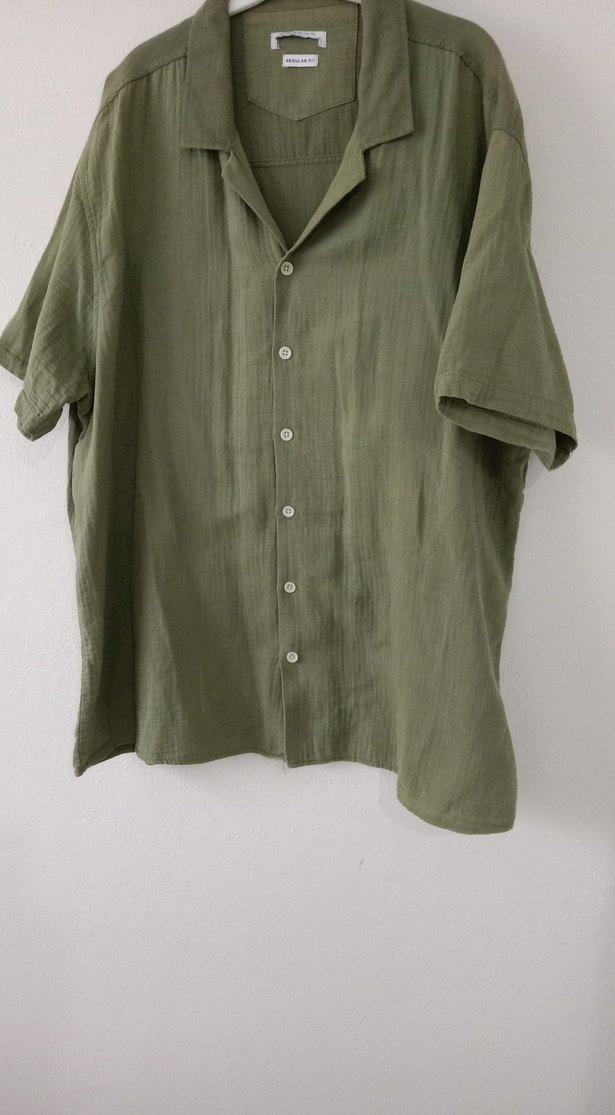 Erkek Yeşil Keten Kısa Kollu Gömlek - Görsel 5