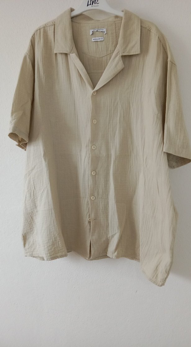 Bej Keten Kısa Kollu Erkek Gömlek - Görsel 5