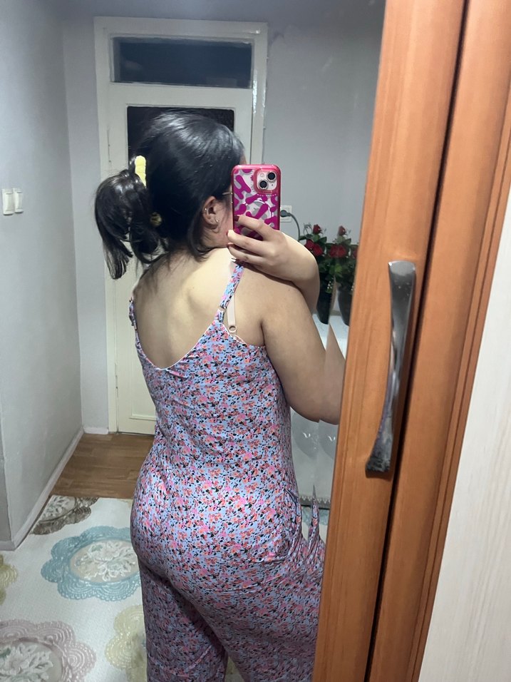 Pembe V Yakalı Midi Kadın Tulum - Görsel 2