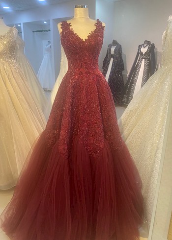 Bordo İşlemeli Boncuklu V Yaka Uzun Abiye - Görsel 3