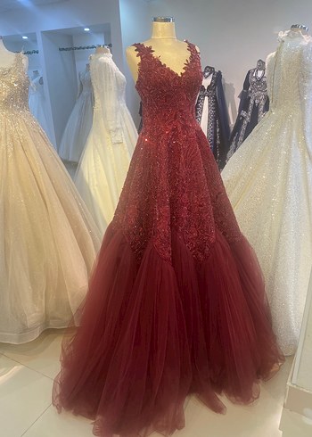 Bordo İşlemeli Boncuklu V Yaka Uzun Abiye - Görsel 2