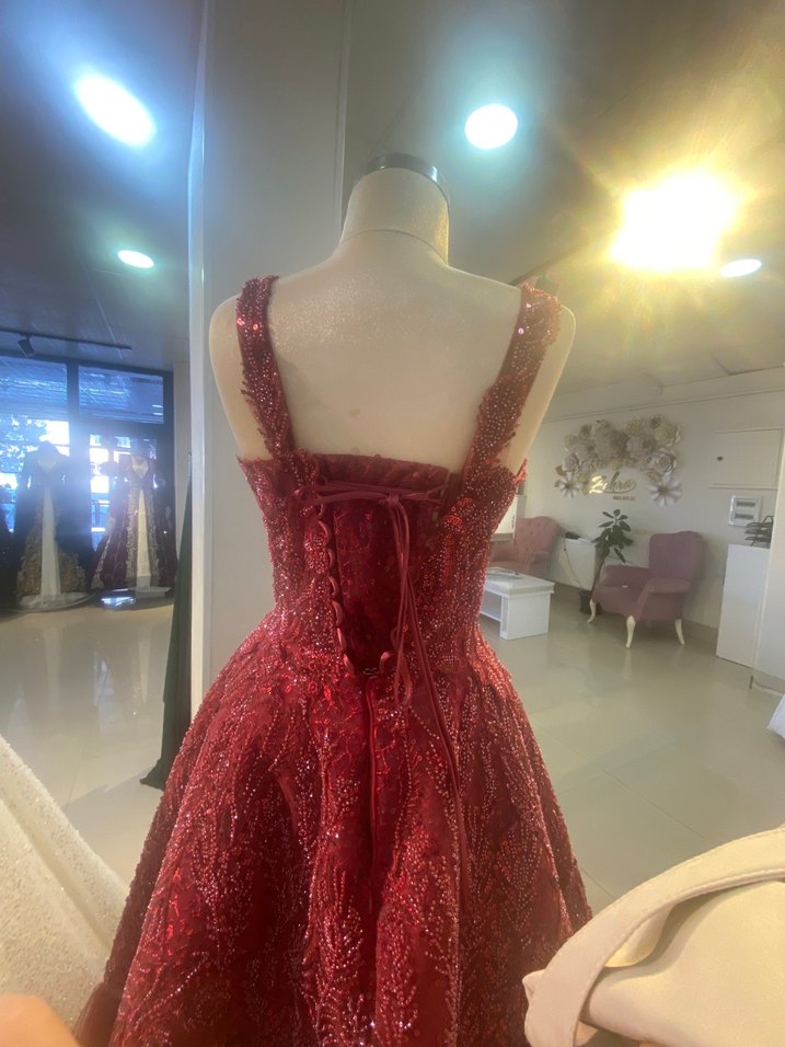 Bordo İşlemeli Boncuklu V Yaka Uzun Abiye - Görsel 4