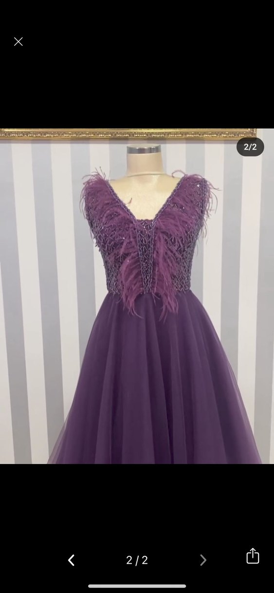 İnci İşlemeli Mor V Yaka Uzun Abiye - Görsel 2