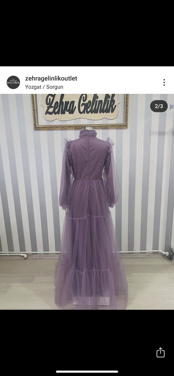 Mor Uzun Kollu Fırfırlı Vintage Abiye Elbise - Görsel 2