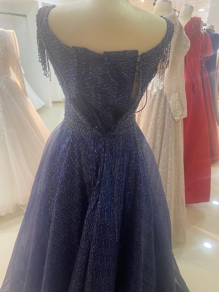 Boncuk İşlemeli Lacivert Uzun Abiye Elbise - Görsel 3