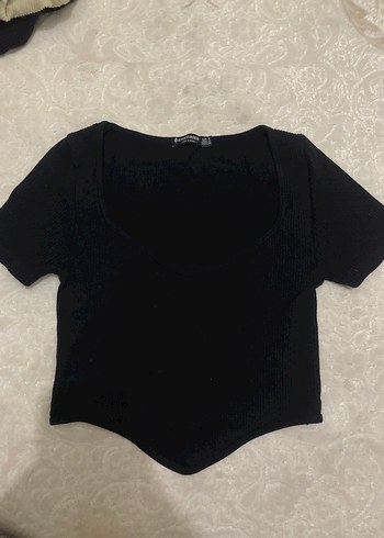 Siyah V Yakalı Kısa Kollu Crop Top