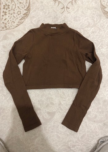 Kahverengi Yarım Balıkçı Yaka Kadın crop top