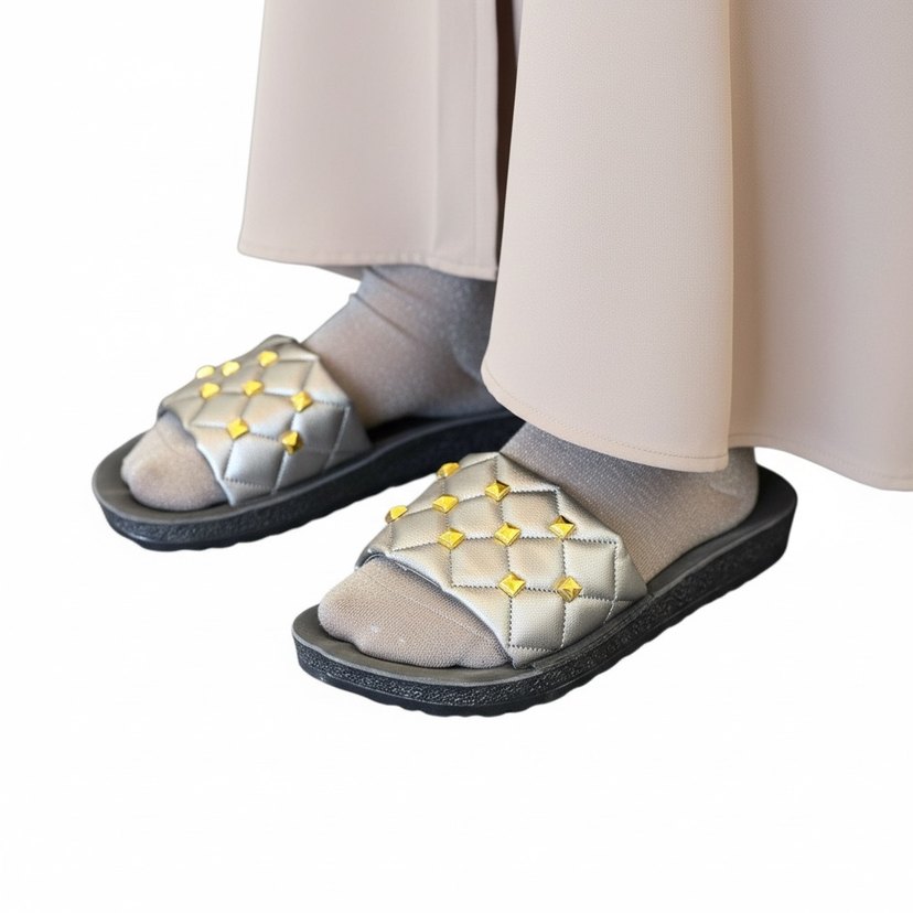 Gri Kare Desenli Kadın Dolgu Topuk Terlik - Görsel 2