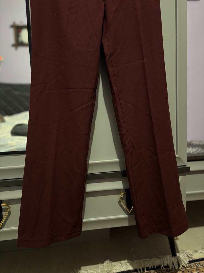 Bordo Kemerli Midi Kadın Kumaş Pantolon - Görsel 2