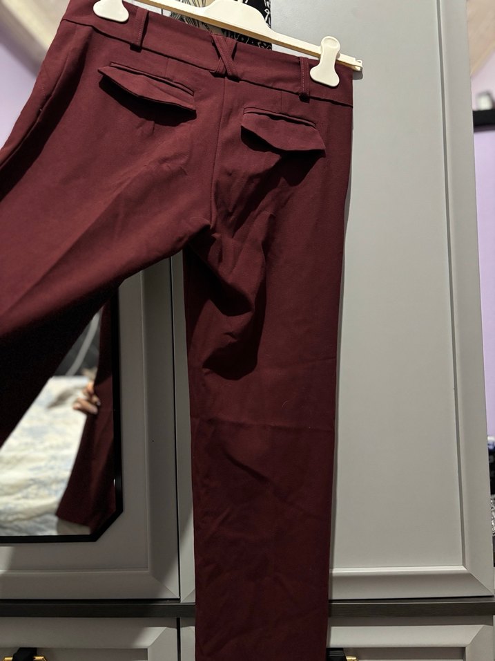 Bordo Kemerli Midi Kadın Kumaş Pantolon - Görsel 3