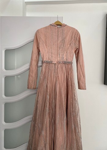 Diğer Toz pembe Vintage Uzun Kollu Piliseli Abiye Elbise