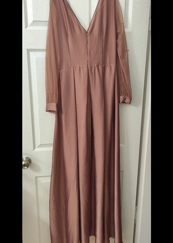 Pudra Rengi Askısız Uzun Drapeli Elbise - Görsel 4