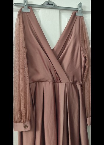 Pudra Rengi Askısız Uzun Drapeli Elbise - Görsel 3