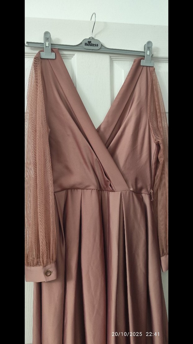 Pudra Rengi Askısız Uzun Drapeli Elbise - Görsel 3