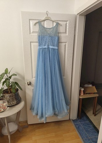 Boncuk İşlemeli Mavi Uzun Abiye Elbise - Görsel 3