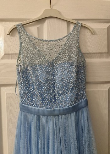 Boncuk İşlemeli Mavi Uzun Abiye Elbise - Görsel 2