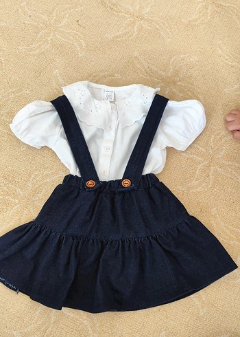 Nakışlı Beyaz Bluz ve Lacivert Kot Etek Takım - Görsel 2