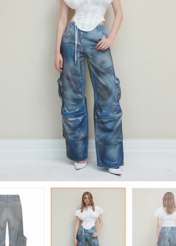 SagazaGri Mavi Bağcıklı Geniş Paça Kadın Denim Pantolon - Görsel 2