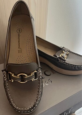 Zara Gri Deri Zincir Detaylı Dolgu Topuklu Kadın Loafer