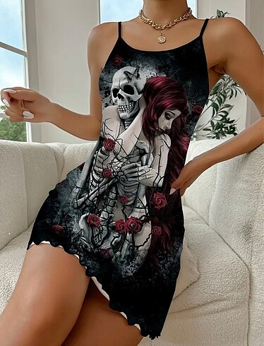 m Beden Skull & Rose Gothic Elbise