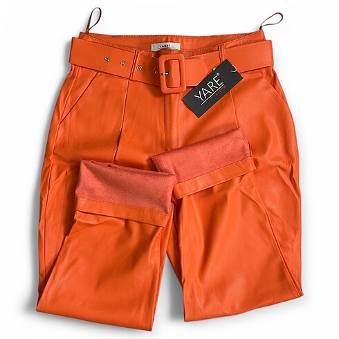 Kemerli Turuncu Deri Pantolon - Görsel 3