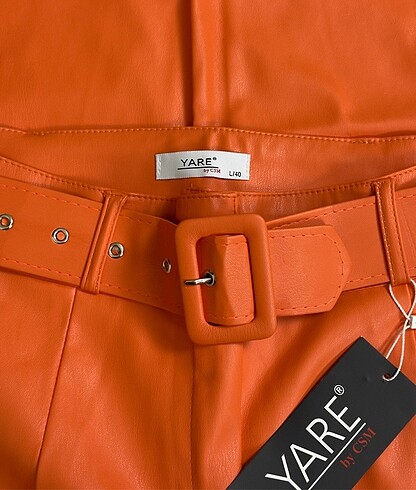 Kemerli Turuncu Deri Pantolon - Görsel 4