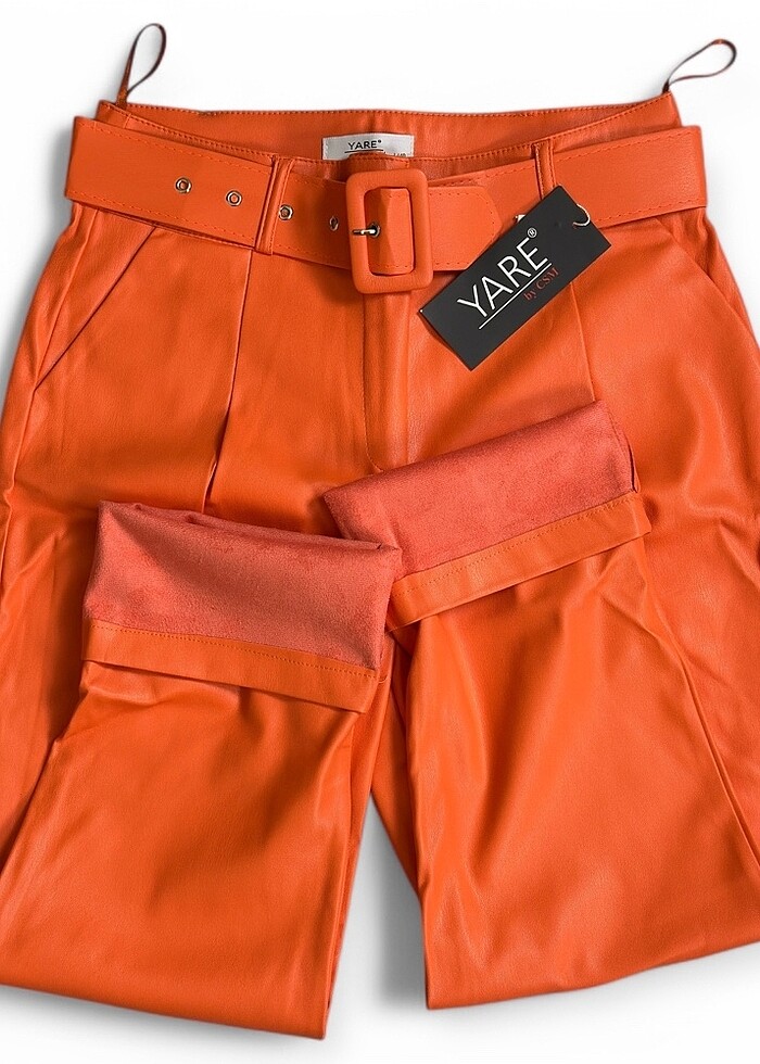 Kemerli Turuncu Deri Pantolon - Görsel 3